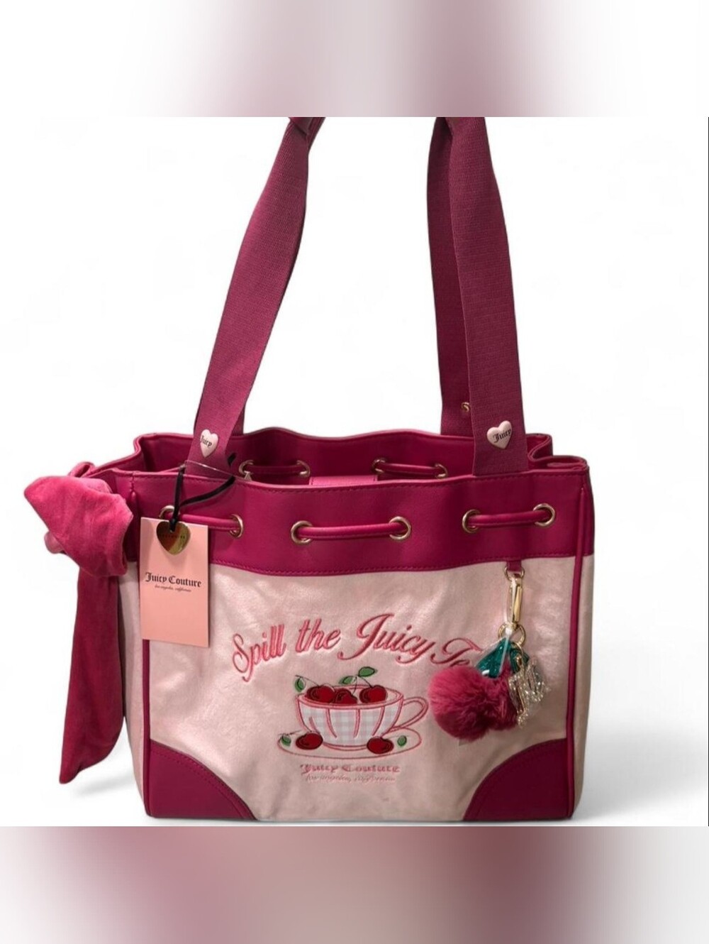 Juicy Couture Hot Pink and Light Pink Cherry Tote with Pom Charm